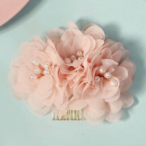 Decorative Hair Combs, Tibetan Style, with Gauze & Plastic Pearl, Flower, plated, for bridal, pink, Sold By PC