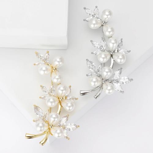Plastic Pearl Brooch, Brass, with Plastic Pearl, Flower, plated, fashion jewelry & micro pave cubic zirconia, more colors for choice, nickel, lead & cadmium free, 26x50mm, Sold By PC