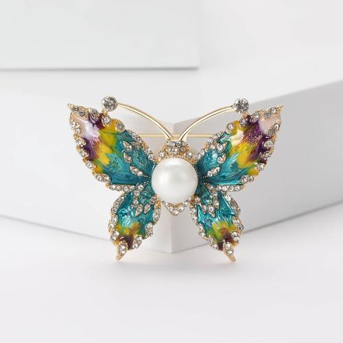 Tibetan Style Brooches, with Plastic Pearl, Butterfly, plated, fashion jewelry & enamel & with rhinestone, more colors for choice, nickel, lead & cadmium free, 36x46mm, Sold By PC