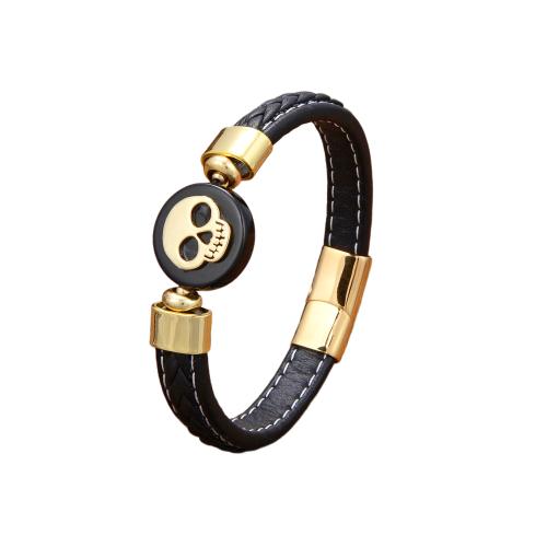 Leather Cord Bracelet, 304 Stainless Steel, with leather cord, plated, Unisex & different styles for choice & micro pave cubic zirconia, black, Length:Approx 21 cm, Sold By PC
