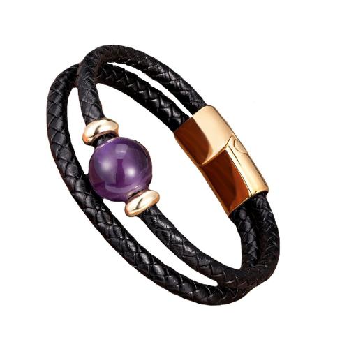 Leather Cord Bracelet, 304 Stainless Steel, with leather cord & Gemstone, plated, Unisex & different styles for choice, more colors for choice, Length:Approx 21 cm, Sold By PC