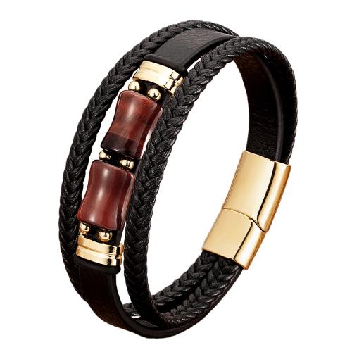 Leather Cord Bracelet, 304 Stainless Steel, with leather cord & Tiger Eye, plated, Unisex, more colors for choice, Length:Approx 21 cm, Sold By PC