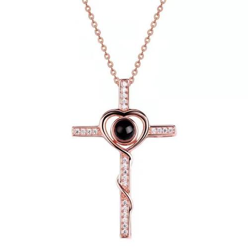 925 Sterling Silver Miniature Projection Necklace, plated, micro pave cubic zirconia & for woman, more colors for choice, Length:Approx 41-50 cm, Sold By PC