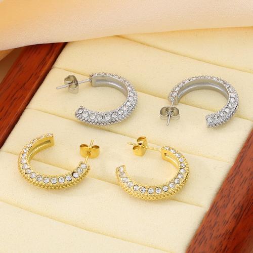 Stainless Steel Stud Earrings 304 Stainless Steel Vacuum Ion Plating for woman & with rhinestone Sold By Pair