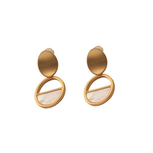 Messing Tropfen Ohrring, mit Weiße Muschel, Geometrisches Muster, goldfarben plattiert, für Frau & hohl & stumpfmatt, 18x32mm, verkauft von Paar