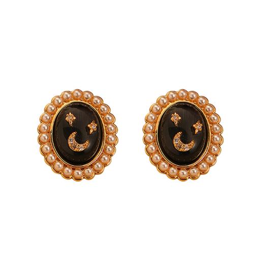 Brass Stud Earring, with Natural Stone & Plastic Pearl, Oval, gold color plated, for woman & with rhinestone, 20x17x8mm, Sold By Pair