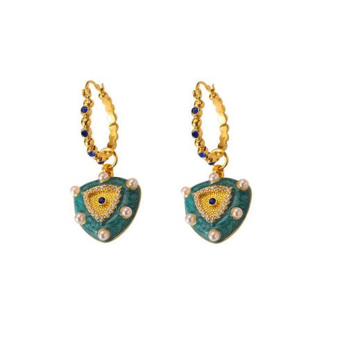 Messing Hebel Rückseiten Ohrring, mit Kunststoff Perlen, Dreieck, goldfarben plattiert, Micro pave Zirkonia & für Frau & Emaille, 25x55mm, verkauft von Paar