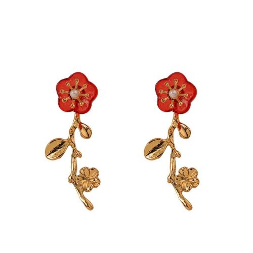 Brass Split Earring, with Resin & Plastic Pearl, Flower, gold color plated, fashion jewelry & for woman, 20x45mm, Sold By Pair