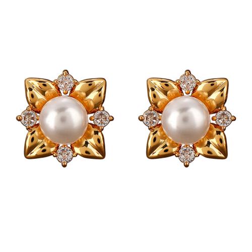 Brass Split Earring, with Plastic Pearl, Flower, gold color plated, micro pave cubic zirconia & for woman, 15mm, Sold By Pair
