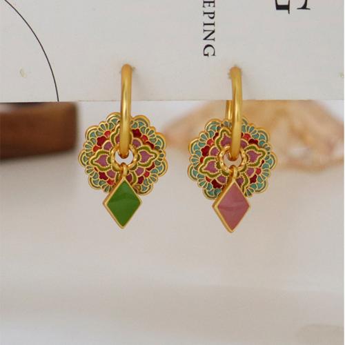 Brass Huggie Hoop Drop Earring, Geometrical Pattern, gold color plated, for woman & enamel, 32x17x6mm, Sold By Pair