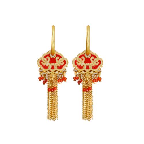 Brass Huggie Hoop Drop Earring, Geometrical Pattern, gold color plated, for woman & enamel, 58x18x2mm, Sold By Pair