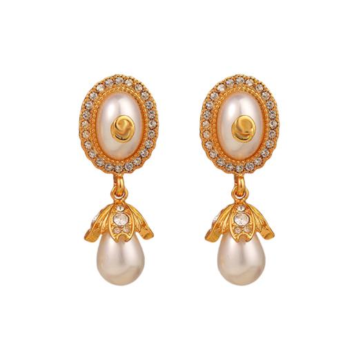 Brass Drop Earring, with Plastic Pearl, gold color plated, micro pave cubic zirconia & for woman, 43x16x11mm, Sold By Pair