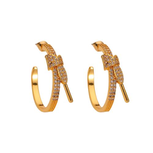 Brass Stud Earring Bowknot gold color plated micro pave cubic zirconia & for woman Sold By Pair
