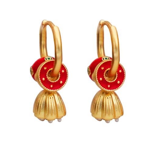 Brass Huggie Hoop Drop Earring, with Plastic Pearl, Lotus Seedpod, gold color plated, for woman & enamel, 27mm, Sold By Pair