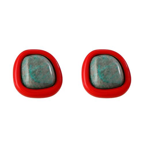 Brass Stud Earring, with Natural Stone, Geometrical Pattern, fashion jewelry & for woman, 13mm, Sold By Pair
