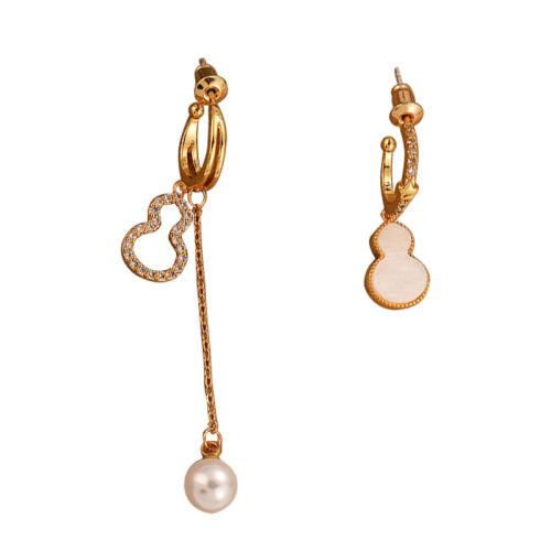 Brass Asymmetric Earrings, with Plastic Pearl, Calabash, gold color plated, micro pave cubic zirconia & for woman & hollow, earrings size 58x9mm, 25x9mm, Sold By Pair