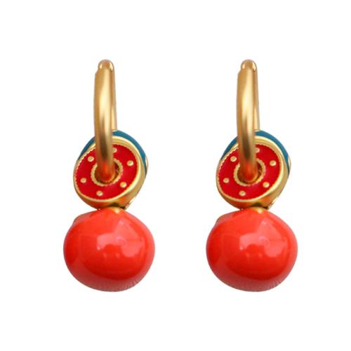 Brass Huggie Hoop Drop Earring, Fruit, gold color plated, for woman & enamel, 11x26mm, Sold By Pair