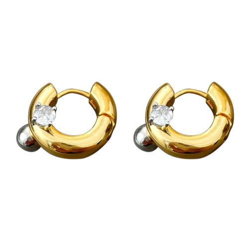 Brass Huggie Hoop Earring, Geometrical Pattern, gold color plated, micro pave cubic zirconia & for woman, 17mm, Sold By Pair