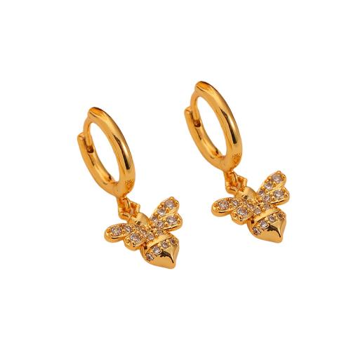 Brass Huggie Hoop Drop Earring, Bee, gold color plated, micro pave cubic zirconia & for woman, 22x12x11mm, Sold By Pair