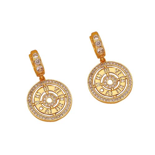 Brass Huggie Hoop Drop Earring, Flat Round, gold color plated, micro pave cubic zirconia & for woman & hollow, 33x19x2mm, Sold By Pair