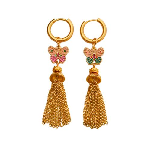 Brass Tassel Earring, Butterfly, gold color plated, for woman & enamel, 12x62mm, Sold By Pair
