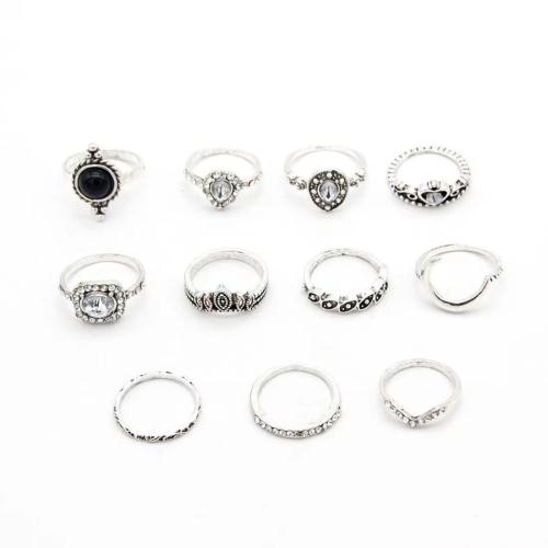 Tibetan Style Ring Set, 11 pieces & fashion jewelry & for woman & with rhinestone, silver color, Sold By Set