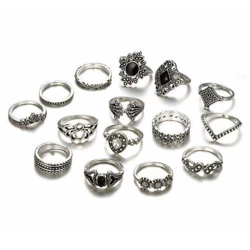 Ensemble d’anneau en alliage de zinc, Plaqué de couleur d'argent, 15 pièces & bijoux de mode & pour femme, Vendu par fixé
