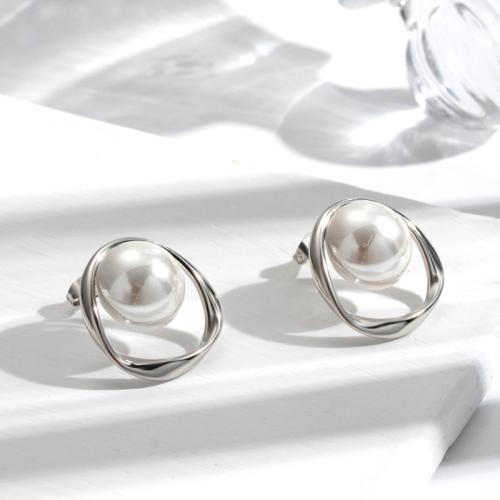 Titanium Steel  Earring, with Plastic Pearl, fashion jewelry & for woman, more colors for choice, 18x19mm, Sold By Pair