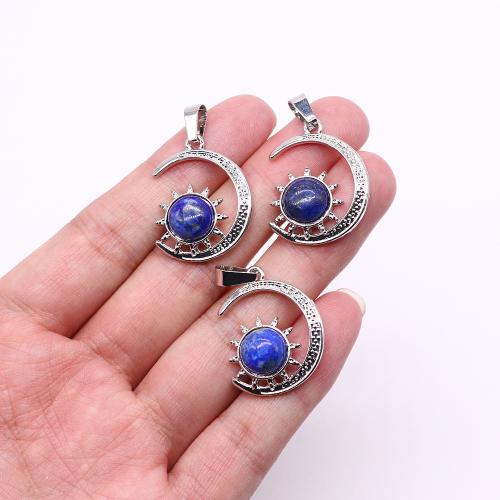 Gemstone Pendants Jewelry, Natural Stone, with Tibetan Style, Moon, silver color plated, DIY & different materials for choice, more colors for choice, 22x29mm, Sold By PC