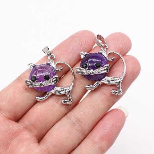 Gemstone Pendants Jewelry Natural Stone with Zinc Alloy Cat silver color plated DIY Sold By PC