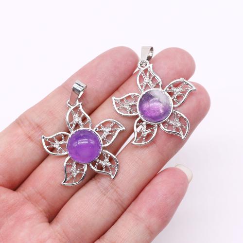 Gemstone Pendants Jewelry, Natural Stone, with Tibetan Style, Flower, silver color plated, DIY & different materials for choice, more colors for choice, 31x34mm, Sold By PC