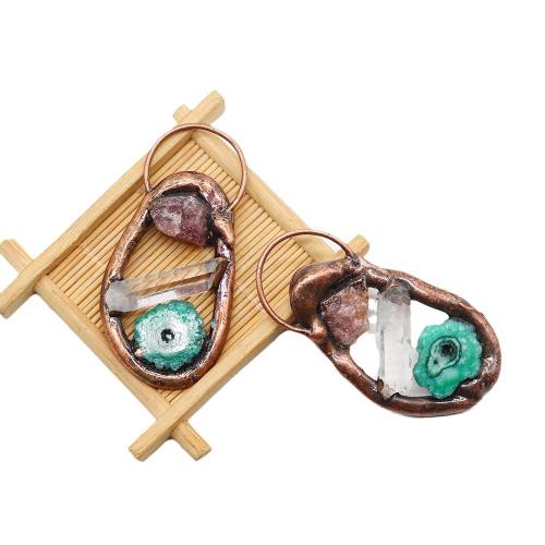 Tibetan Style Pendants, with Ice Quartz Agate & Clear Quartz, antique copper color plated, DIY, more colors for choice, nickel, lead & cadmium free, 36x73mm, Sold By PC