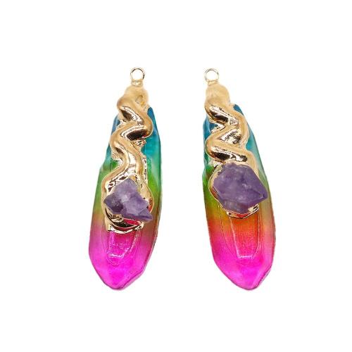 Quartz Gemstone Pendants, with Brass, gold color plated, DIY, multi-colored, 43x60mm, Sold By PC