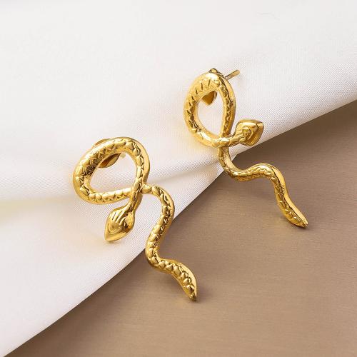 Titanium Steel  Earring, Snake, gold color plated, for woman, 30mm, Sold By Pair