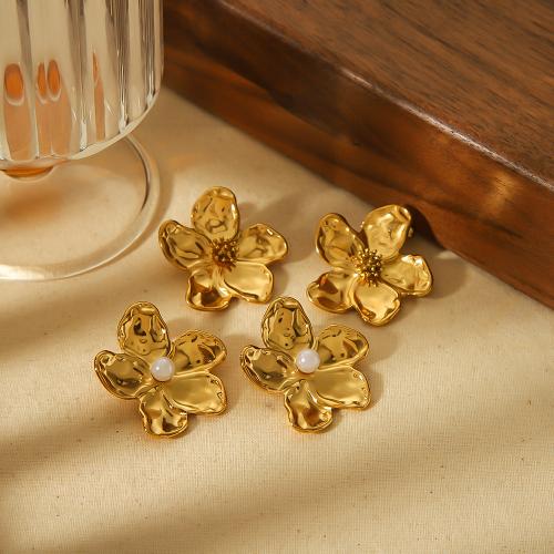 Stainless Steel Stud Earrings, 304 Stainless Steel, with Plastic Pearl, Flower, gold color plated, different styles for choice & for woman, more colors for choice, nickel, lead & cadmium free, Sold By Pair