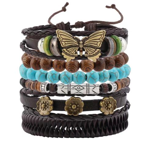 Bracelets cordon PU, cuir PU, avec turquoise & bois, fait à la main, 6 pièces & bijoux de mode & unisexe, Vendu par fixé