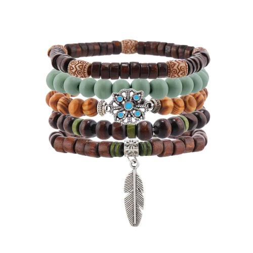 Wood Bracelets, Wenge, with Elastic Thread & Tibetan Style, handmade, 5 pieces & fashion jewelry & Unisex & enamel, Sold By Set