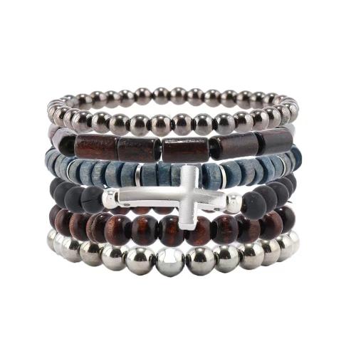 Bracelets en bois, avec fil élastique & plastique revêtu de cuivre & alliage de zinc, fait à la main, 6 pièces & bijoux de mode & unisexe, Vendu par fixé