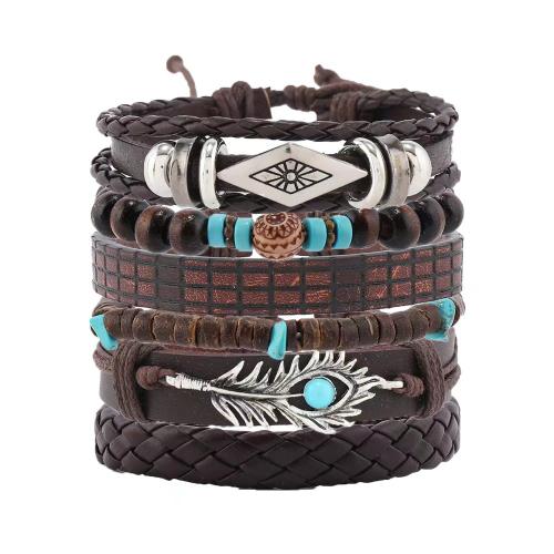 PU Leather Cord Bracelets, with turquoise & Coco & Tibetan Style, handmade, 6 pieces & fashion jewelry & Unisex, Sold By Set