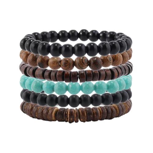Bracelets en bois, avec turquoise & noix de coco & fil élastique, fait à la main, 6 pièces & bijoux de mode & unisexe, Vendu par fixé