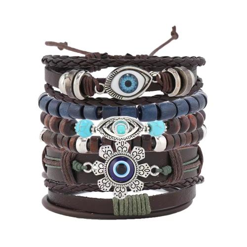 PU Leather Cord Bracelets, with turquoise & Elastic Thread & Wood & Tibetan Style, handmade, 6 pieces & fashion jewelry & Unisex, Sold By Set
