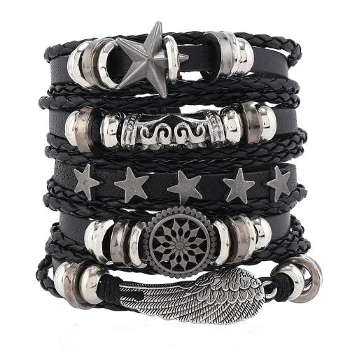 Bracelets cordon PU, cuir PU, avec alliage de zinc, fait à la main, 5 pièces & bijoux de mode & unisexe, noire, Vendu par fixé