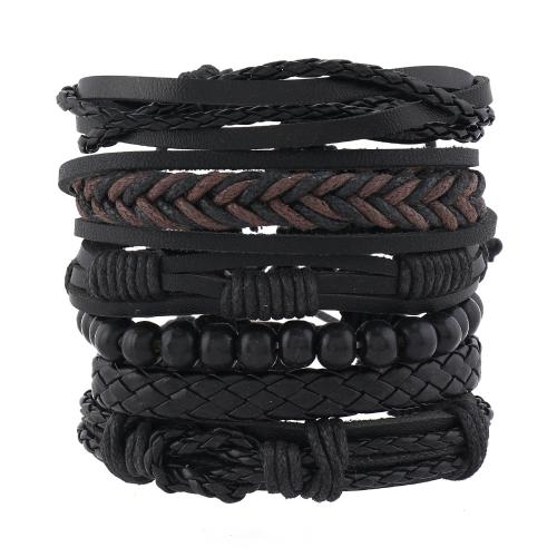 PU Leather Cord Bracelets, with Elastic Thread & Wood, handmade, 6 pieces & fashion jewelry & Unisex, Sold By Set