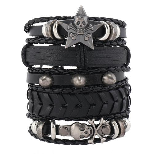PU Leather Cord Bracelets, with Tibetan Style, handmade, 5 pieces & fashion jewelry & Unisex, black, Sold By Set