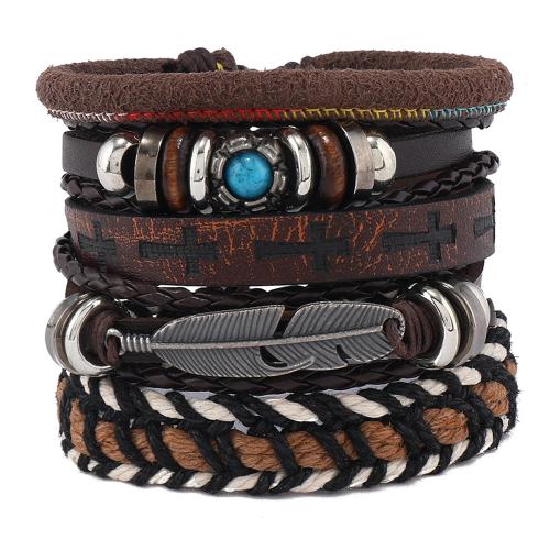 PU Leather Cord Bracelets, with turquoise & Tibetan Style, handmade, 6 pieces & fashion jewelry & for man, Sold By Set
