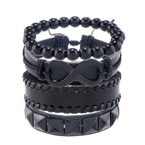 Bracelets cordon PU, cuir PU, avec plastique & alliage de zinc, fait à la main, 4 pièces & bijoux de mode & unisexe, noire, Vendu par fixé