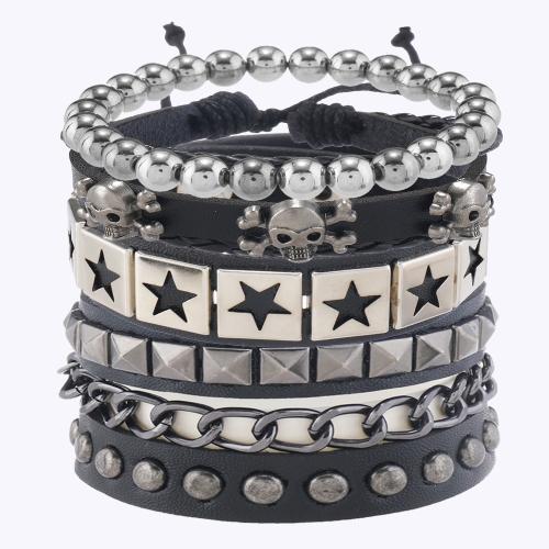 PU Leather Cord Bracelets, with Elastic Thread & Copper Coated Plastic & Tibetan Style, handmade, 4 pieces & fashion jewelry & Unisex, black, Sold By Set