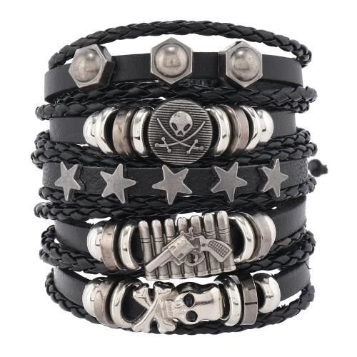 PU Leather Cord Bracelets, with Tibetan Style, handmade, 5 pieces & fashion jewelry & Unisex, black, Sold By Set