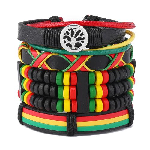 PU Leather Cord Bracelets, with Wood, handmade, 4 pieces & fashion jewelry & Unisex, multi-colored, Length:Approx 18 cm, Sold By Set