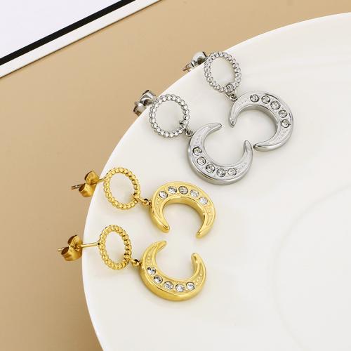 Stainless Steel Drop Earring 304 Stainless Steel Moon Vacuum Ion Plating for woman & with rhinestone Sold By Pair